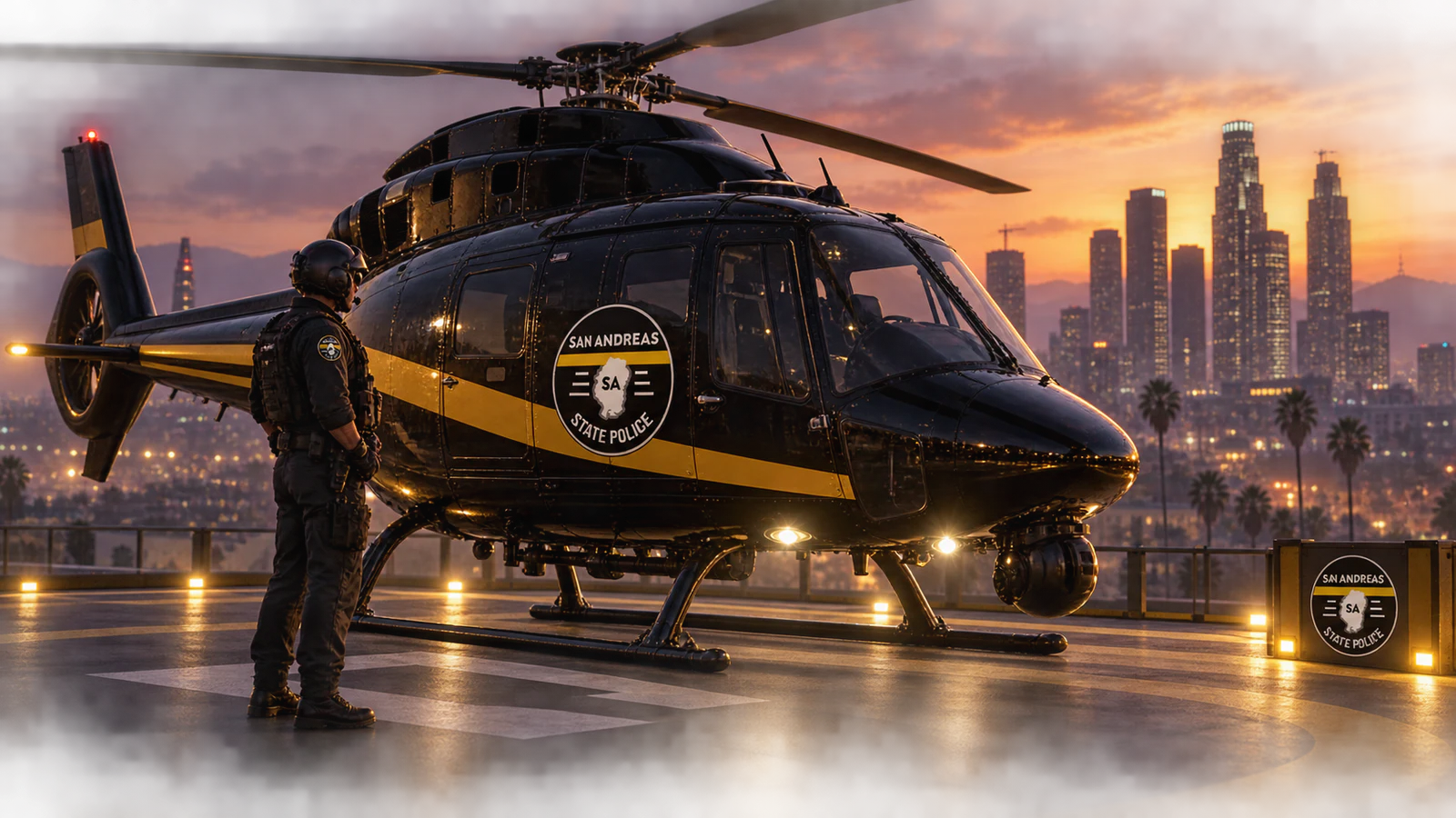 Schwarz-goldener SASP-Hubschrauber mit SASP-Logo auf einem Helipad